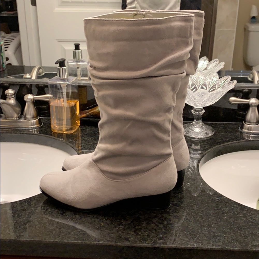 Like New Faux Suede Slouchy Grey Boots - Picture 2 of 5